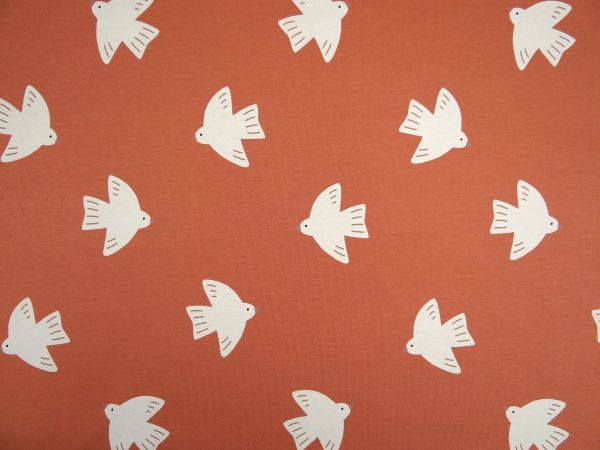 Jersey French Terry, Vogel fliegend, rotes Holz